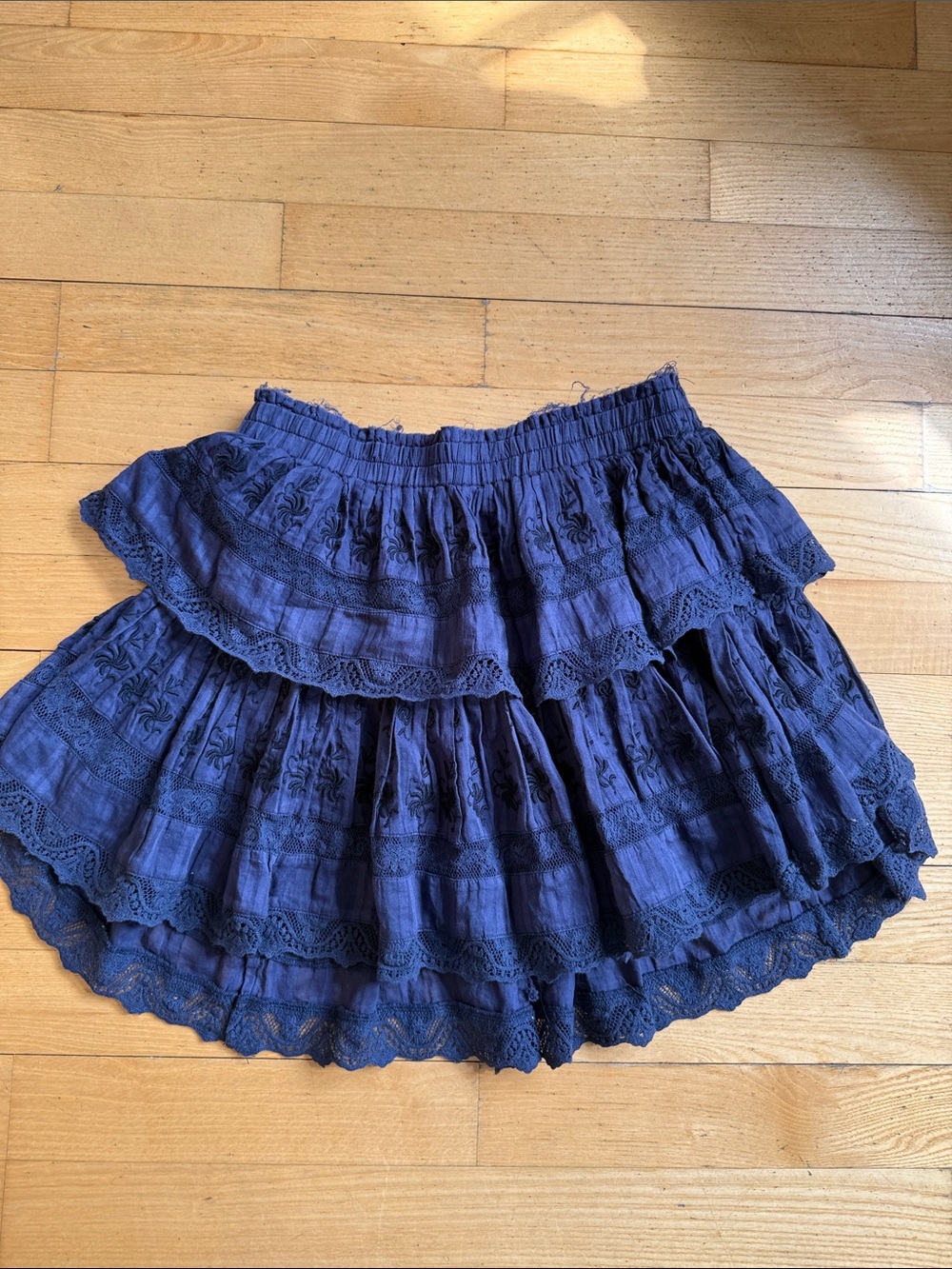 LoveShackFancy Navy Blue Tiered Ruffle Mini Skirt